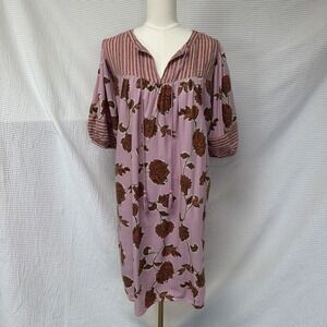Knot Rose Floral Tunic Dress Cotton XXL Pink Orange Boho V-Neck 3/4 Sleeve